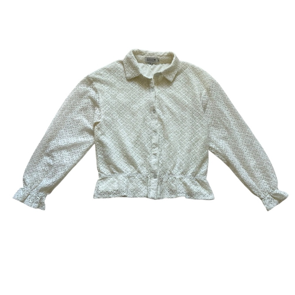 Molly Bracken‎ White Ruffle Lace Long Sleeve Button Up Size S Feminine Bridal